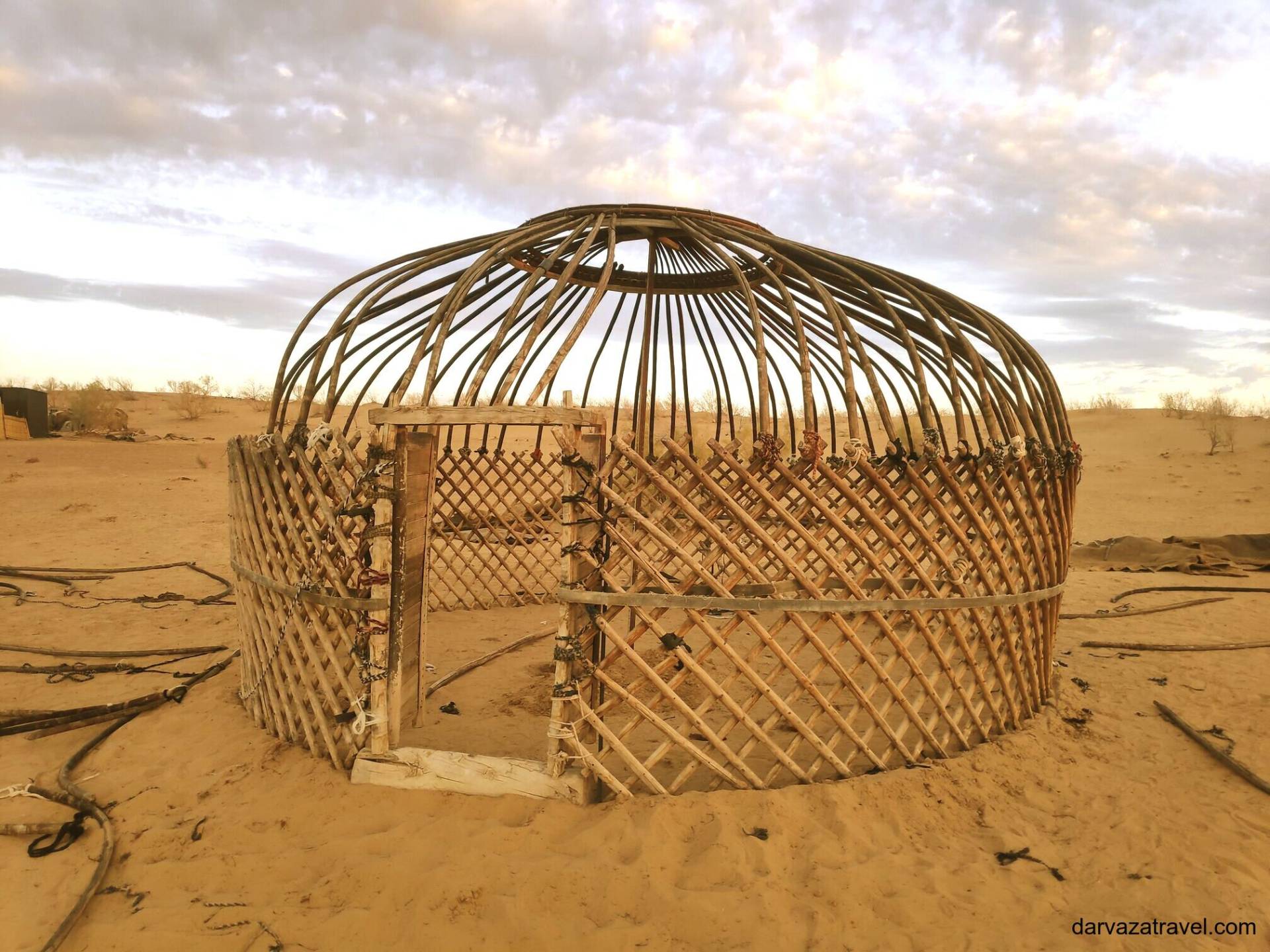 Darvaza Yurt Camp Wooden frame of a yurt being built at Darvaza Yurt Camp