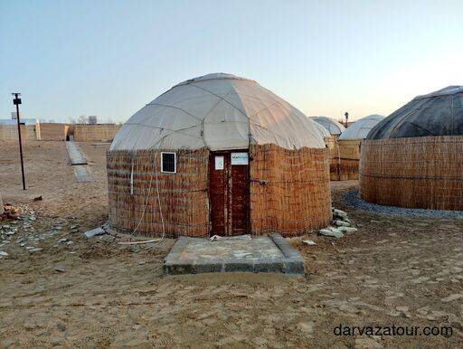 Darvaza Yurt Camp Traditional Turkmen yurt near Darvaza Gas Crater after rain in the Karakum Desert