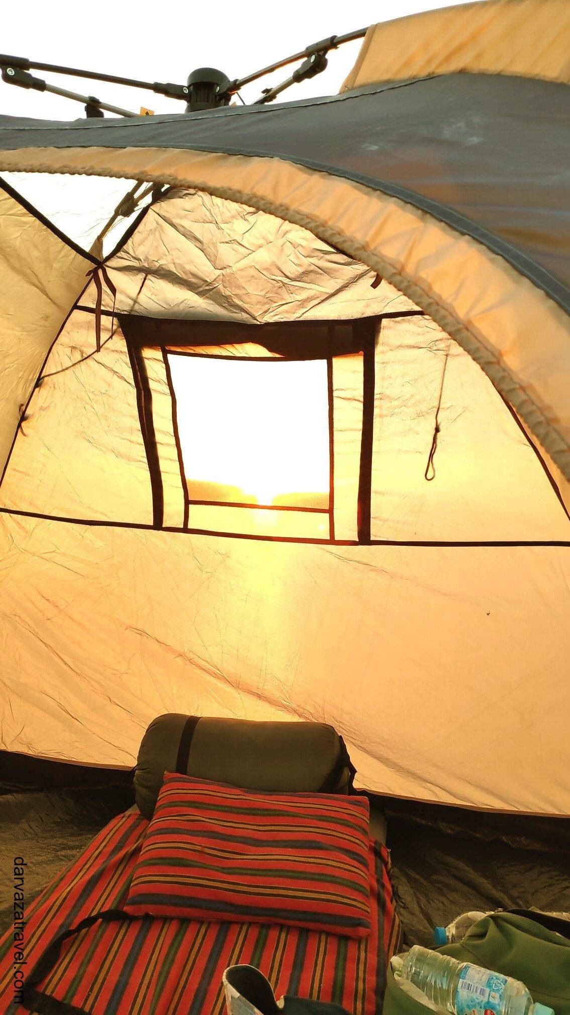 Darvaza Yurt Camp Morning sunlight entering a camping tent near Darvaza Yurt Camp