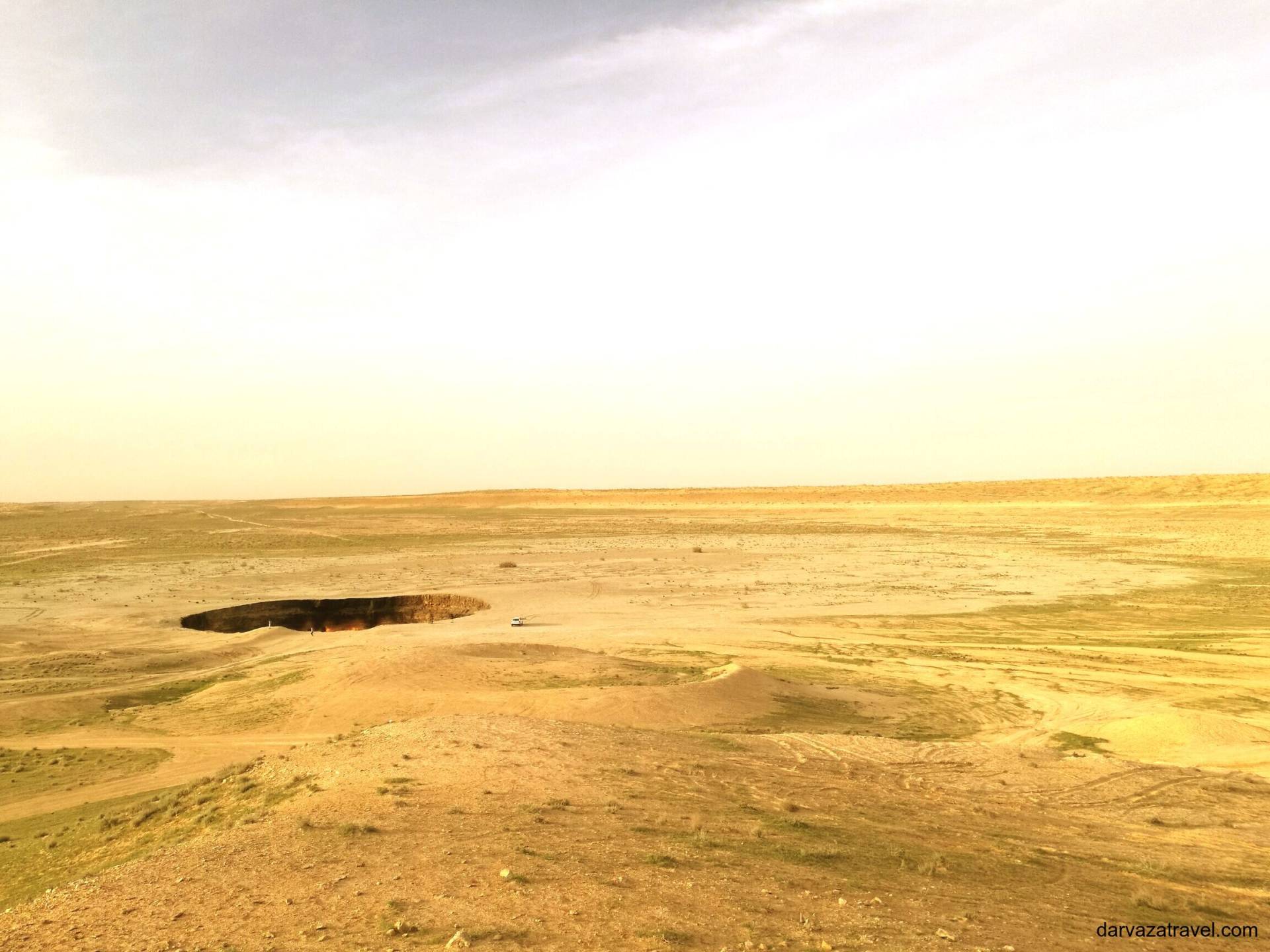 Darvaza Yurt Camp Distant view of the Darvaza Gas Crater in Turkmenistan from the nearby camp area