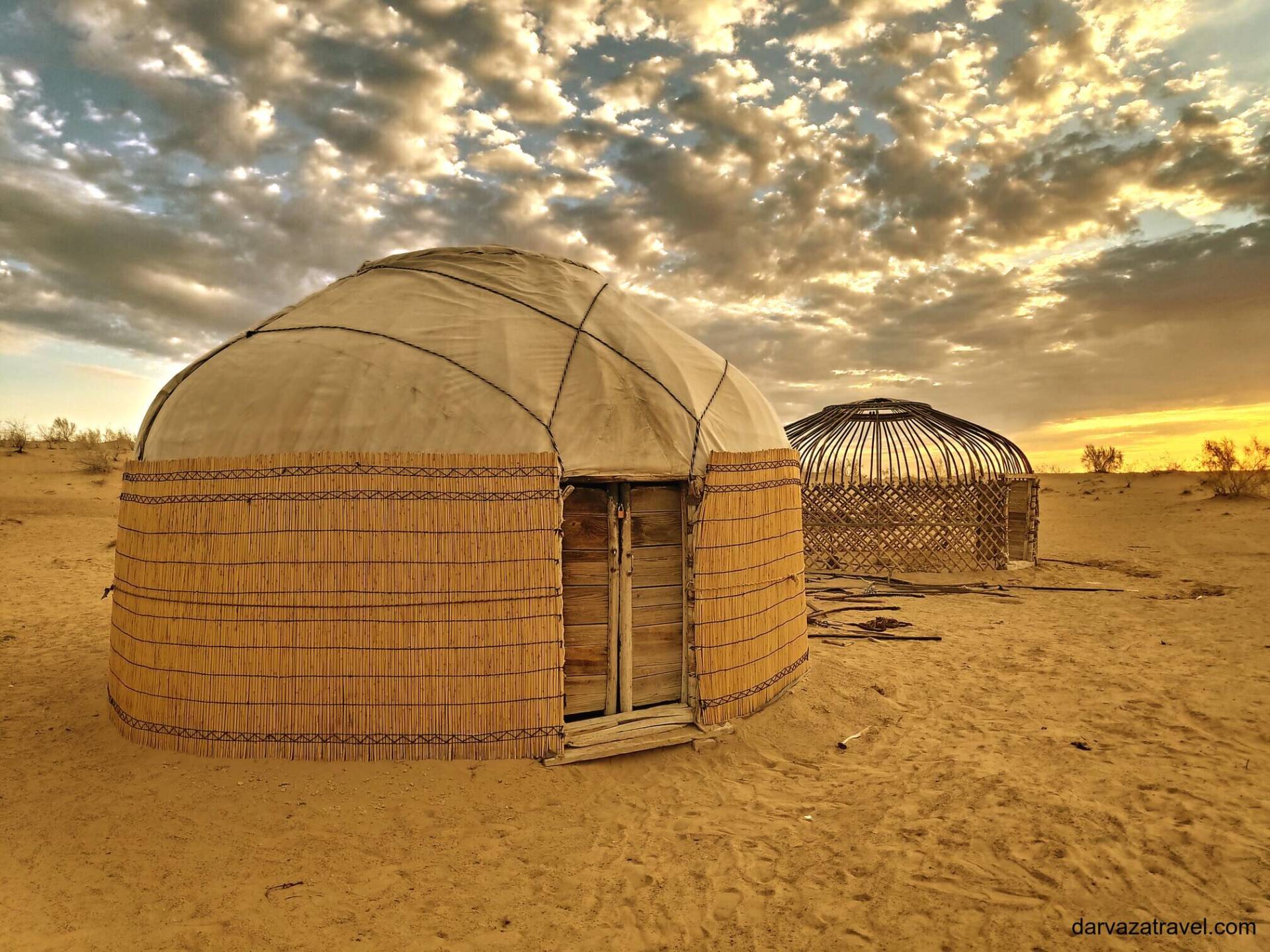 Darvaza Yurt Camp Finished yurt next to an unfinished yurt frame at Darvaza Yurt Camp