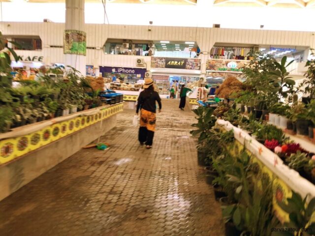 Interior view of a traditional bazaar in Ashgabat, Turkmenistan. A wide passage with paved floor, framed by green plants and trading rows. A visitor in traditional clothing and hat walks along the passage between stalls with goods and electronics.