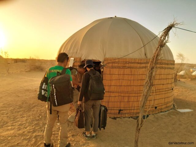 Turkmenistan desert yurt, traditional nomadic dwelling, Karakum Desert tourism, authentic Turkmen culture, travel experience in Turkmenistan, Darvaza tour accommodation