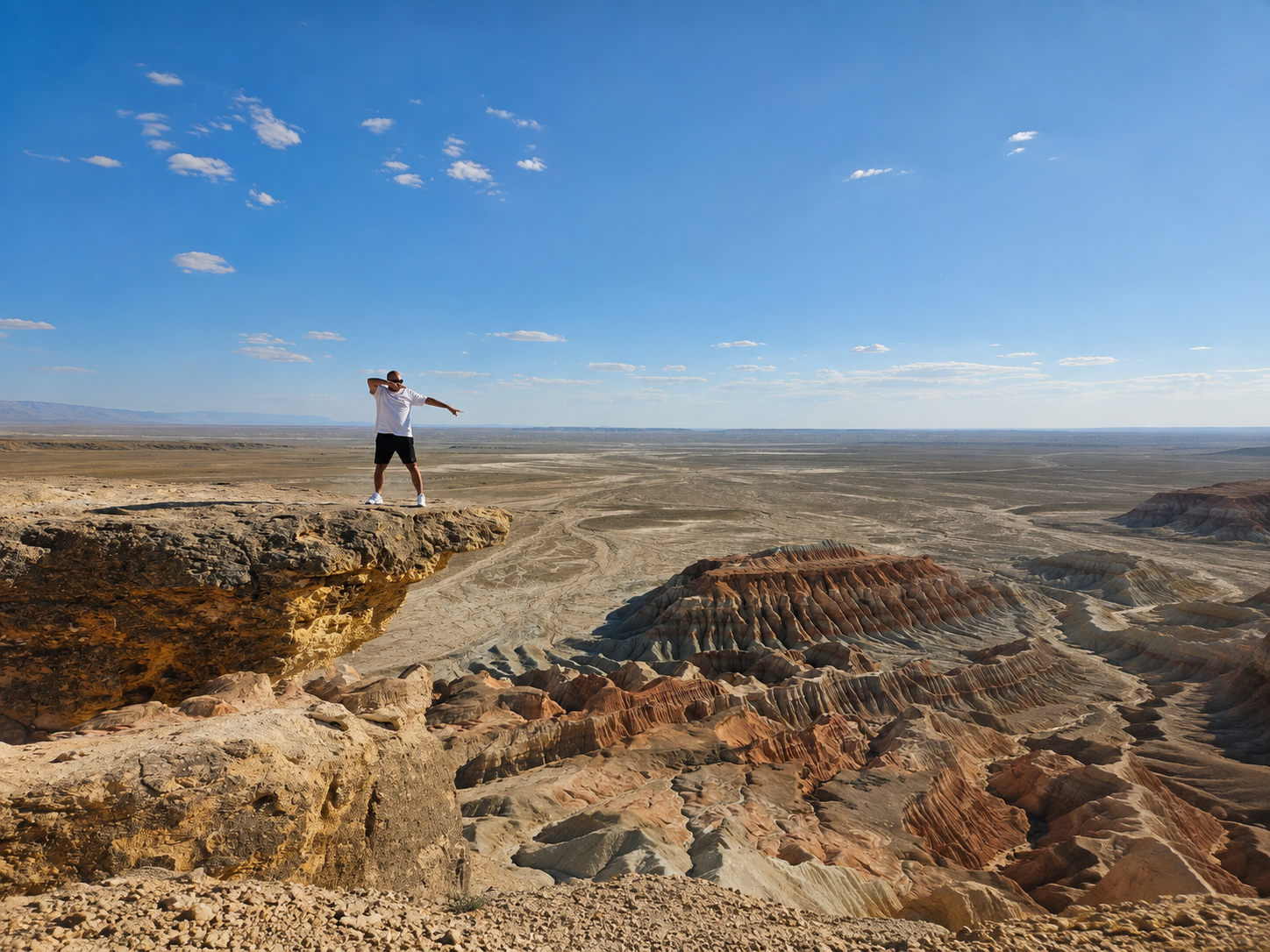 Traveller Overlooking Yangykala Canyon in Turkmenistan Traveller standing on a high cliff overlooking the dramatic multicolored landscape of Yangykala Canyon in Turkmenistan
