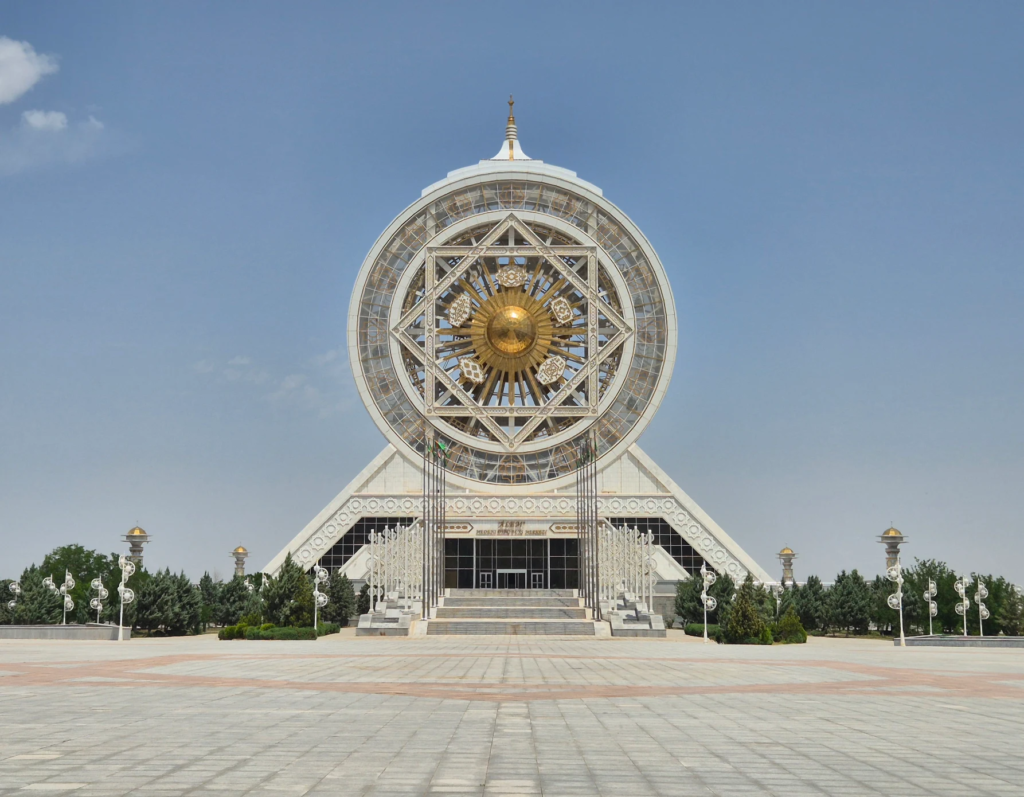 Alem Cultural and Entertainment Center in Ashgabat with its giant enclosed Ferris wheel and distinctive geometric design