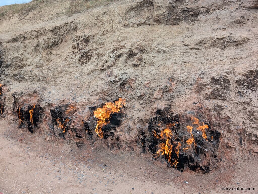 Yanardag burning mountain in Azerbaijan, natural eternal flames on hillside near Baku