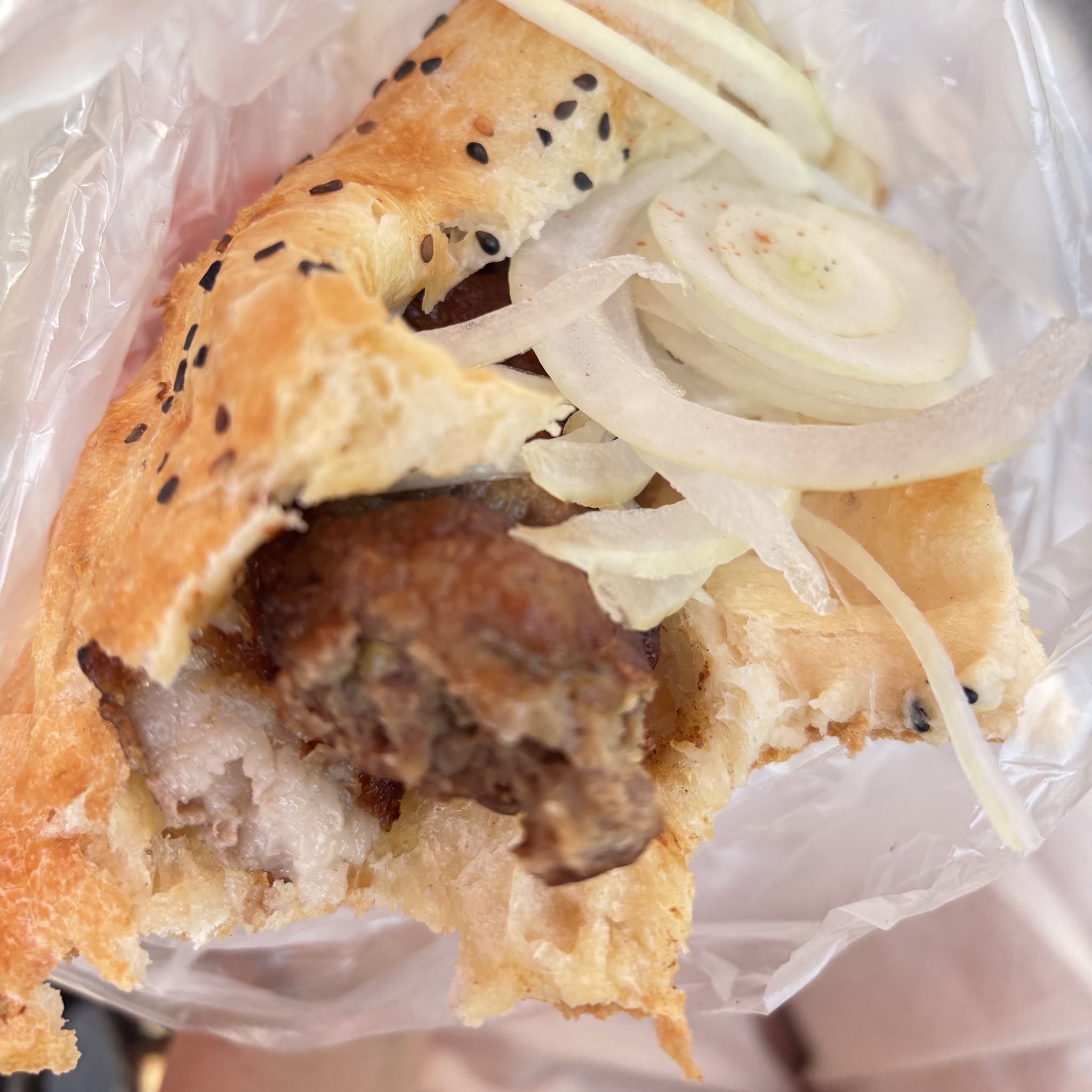 Traditional Turkmen dograma samsa with fresh meat and onions, photographed at a roadside café between Balkanabat and Ashgabat.