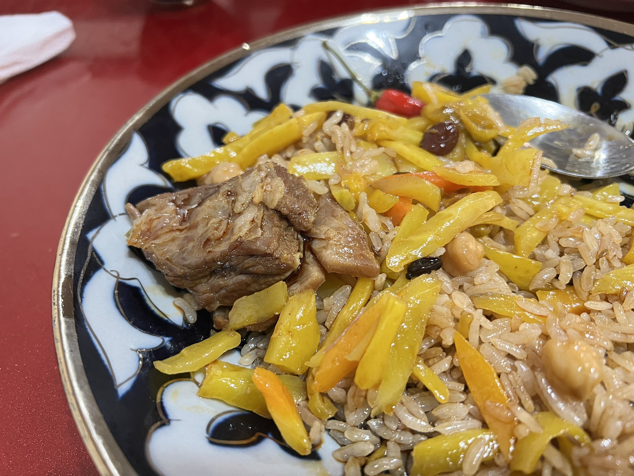 Traditional palaw with meat, carrots, chickpeas and raisins served at Josgun Palawhana in Ashgabat, Turkmenistan.