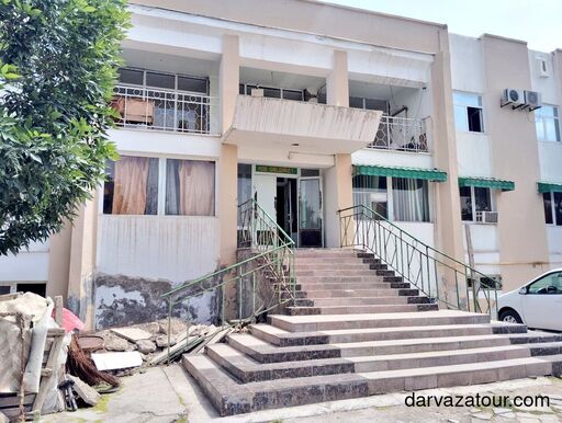 Old Soviet-era polyclinic building under renovation in Turkmenabat, Turkmenistan