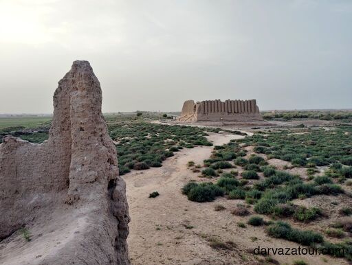 Ancient Merv ruins in Turkmenistan – view from Erk Kala towards Kyz Kala along the Silk Road, surrounded by desert and green vegetation