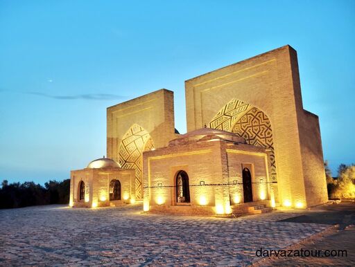 Illuminated mausoleums in ancient Merv, Turkmenistan – Islamic architecture with Arabic calligraphy, UNESCO World Heritage site