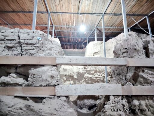 Interior of Kyz Kala fortress in ancient Merv, Turkmenistan – preserved mud-brick walls supported by modern structures, UNESCO World Heritage site