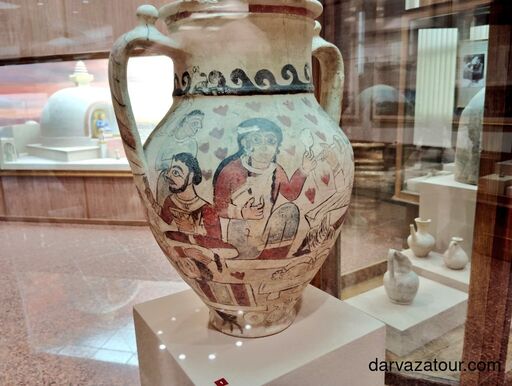 Ancient Turkmen clay jug with traditional paintings at the State Museum of Turkmenistan in Ashgabat