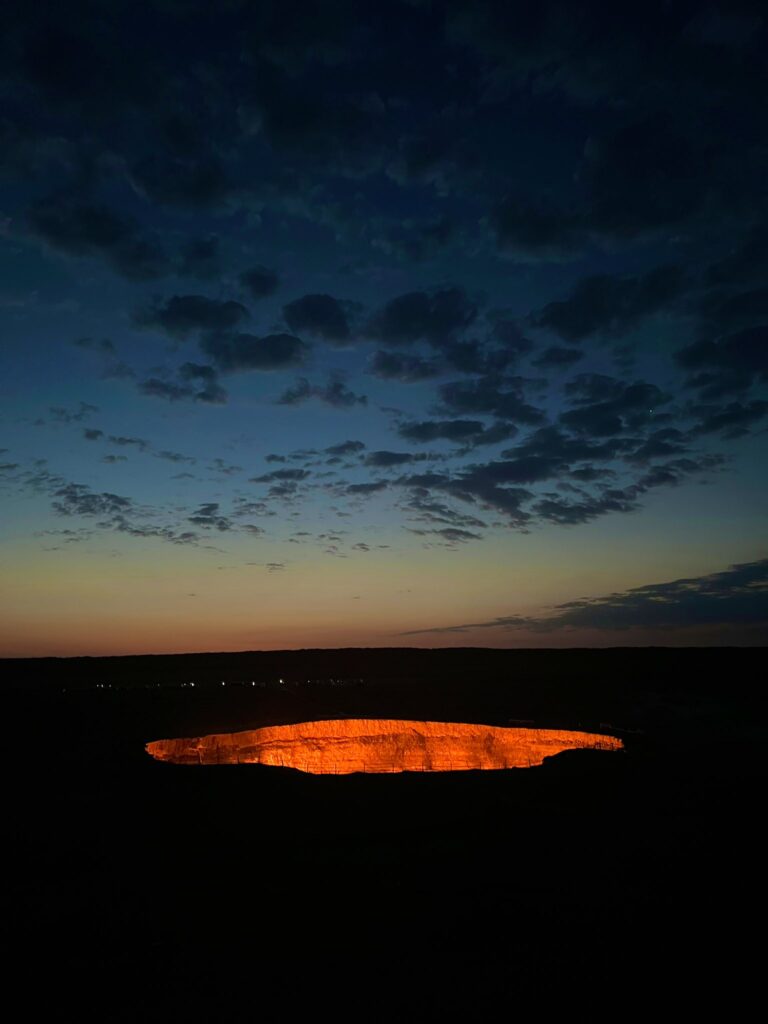 Darvaza Gas Crater in Turkmenistan with evening sky and sunset colors