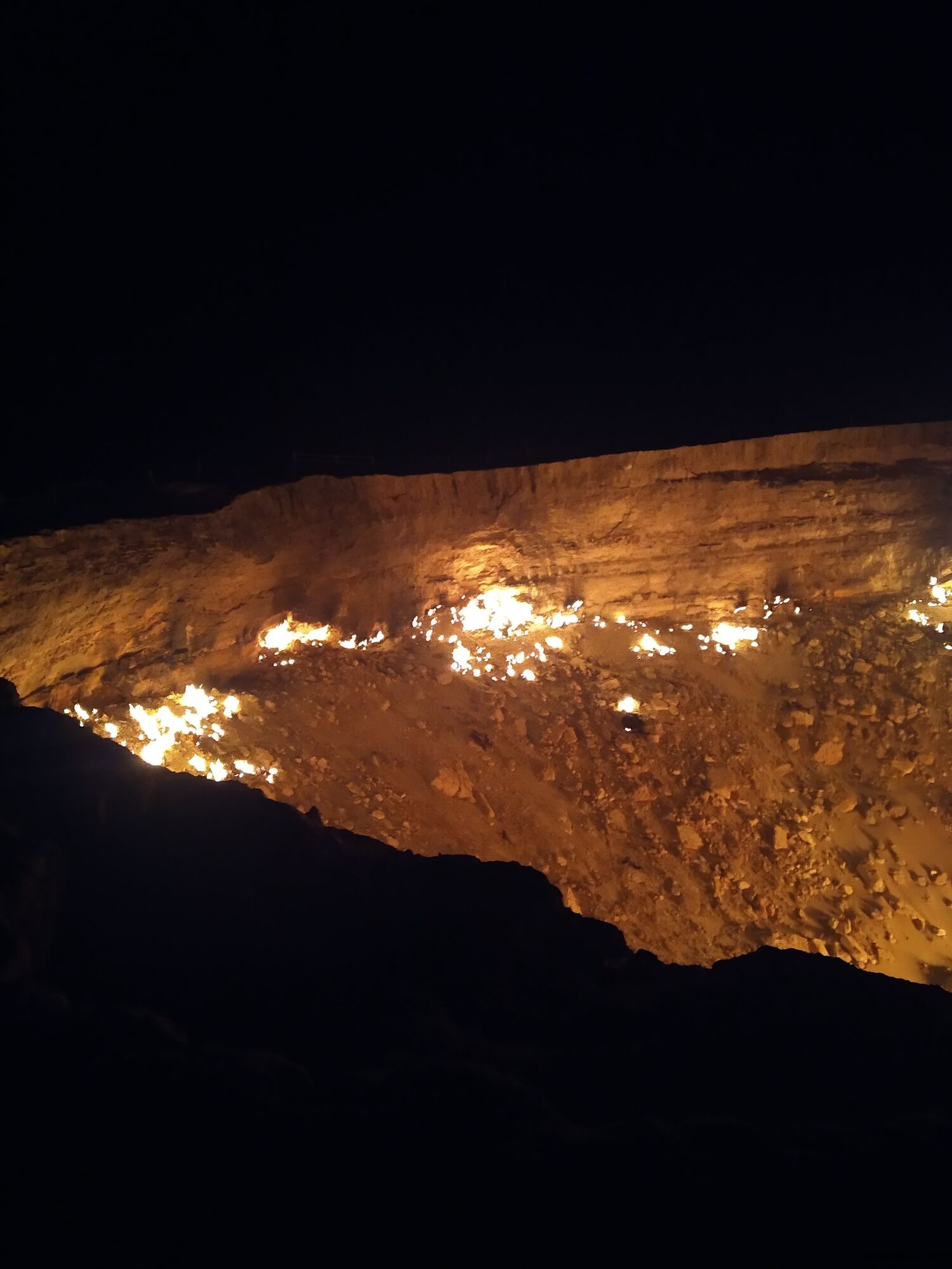 Darvaza Gas Crater at night, glowing with intense flames deep in the Karakum Desert of Turkmenistan, captured in September 2025 when the fire’s brightness increased after the summer heat.