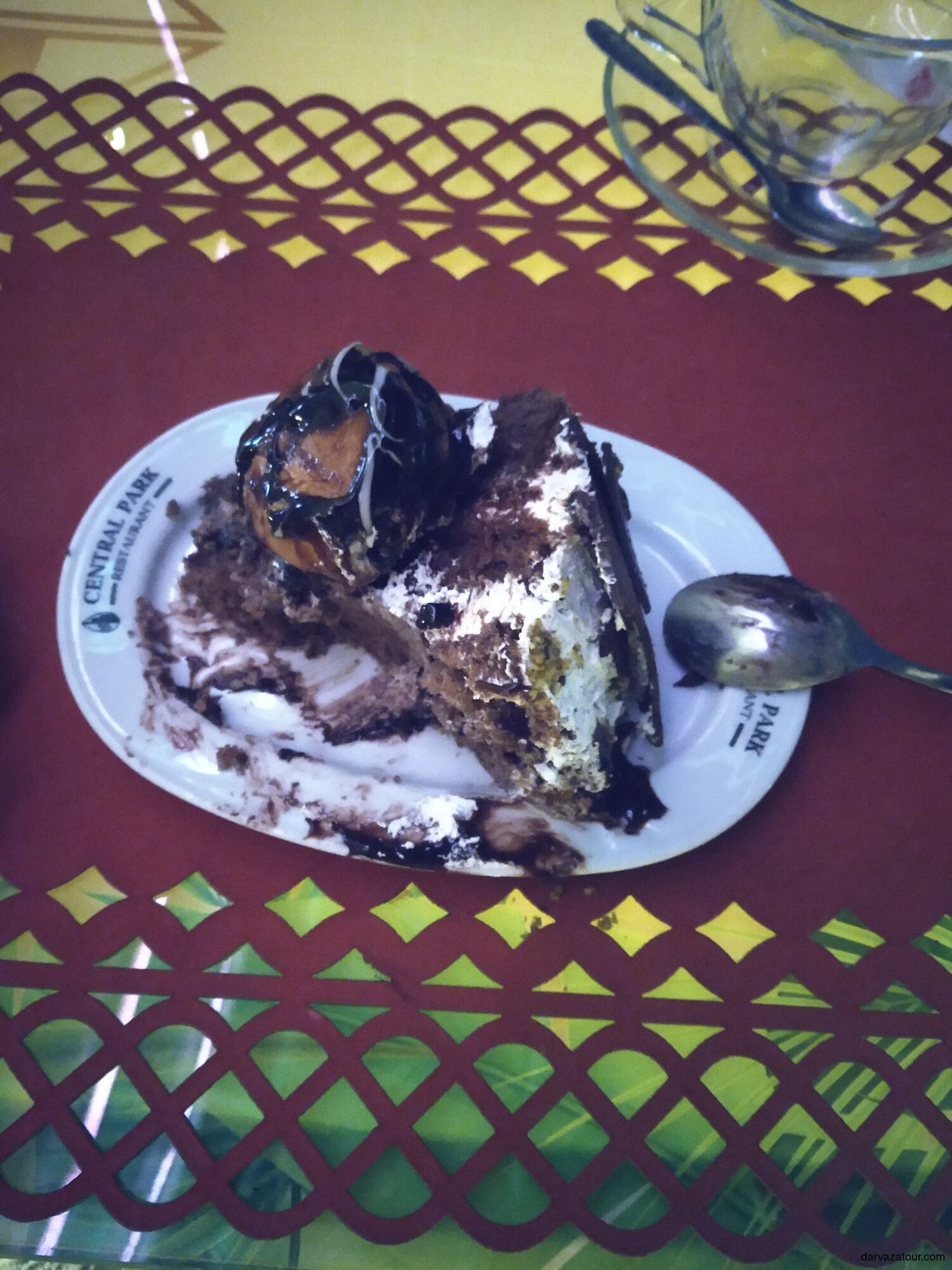 Delicious chocolate cake served at Central Park terrace restaurant in Ashgabat