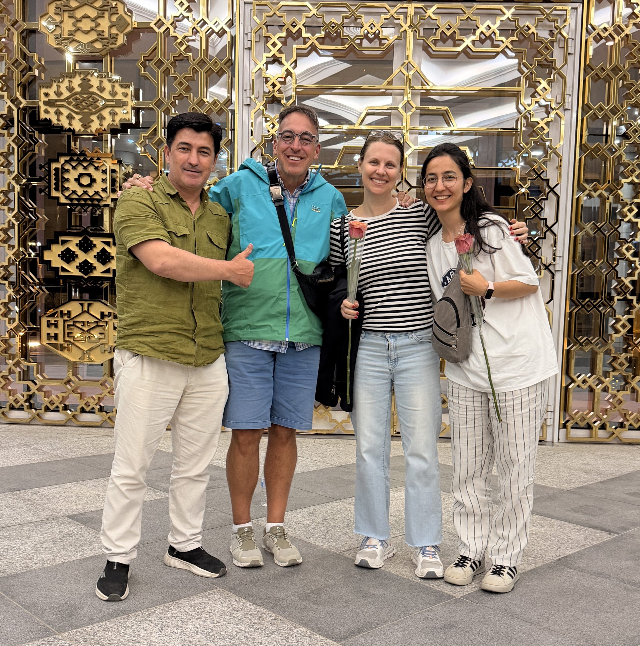 Turkmenistan Tour with Darvaza Tour Steven Wetterfield, his travel companion and local guide Aiza during their guided tour in Ashgabat