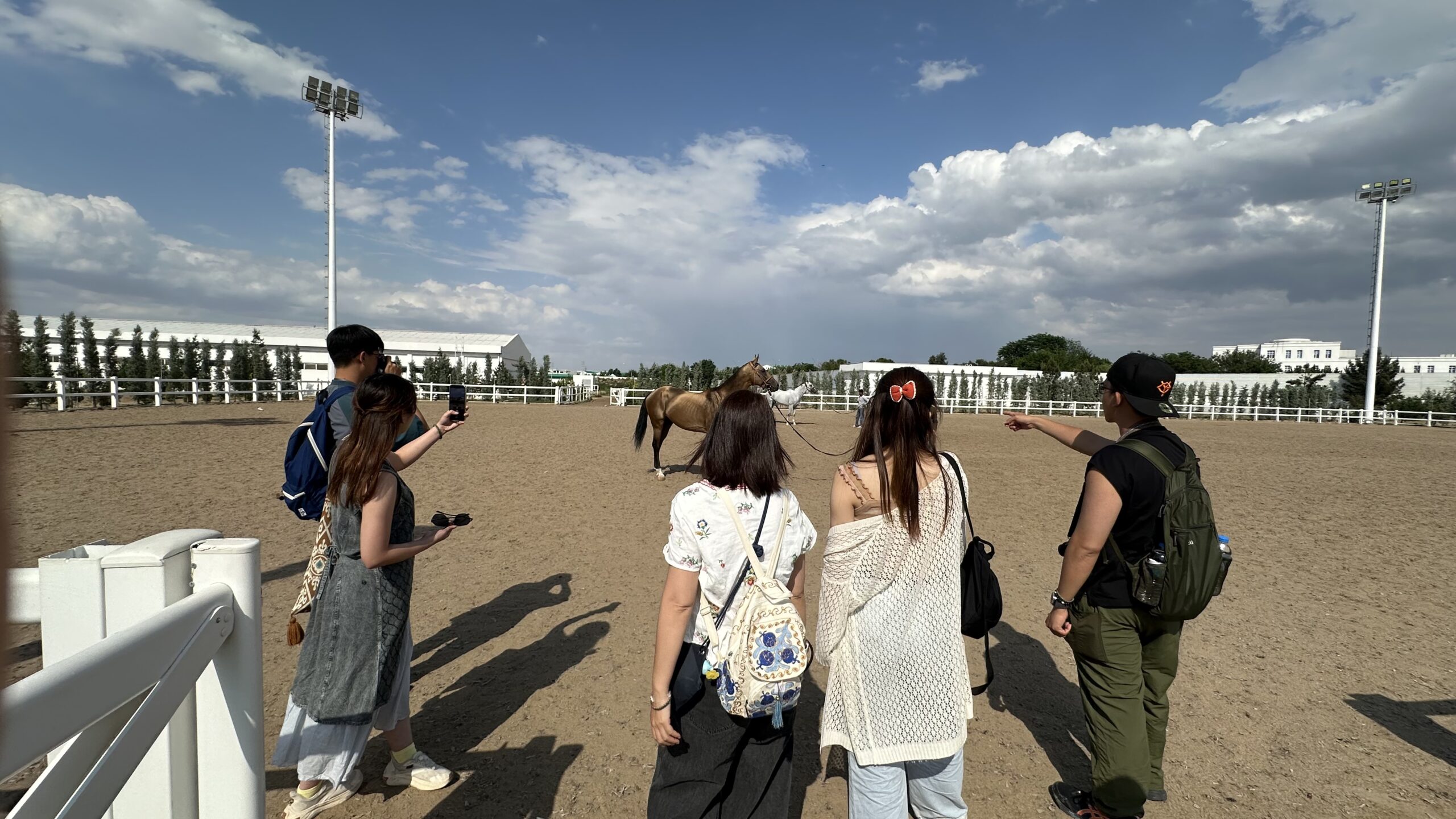 Japanese tourists watching and photographing Akhal-Teke horses at a horse farm in Ashgabat, Turkmenistan