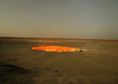 Darvaza Gas Crater at sunset Turkmenistan - fiery desert landscape