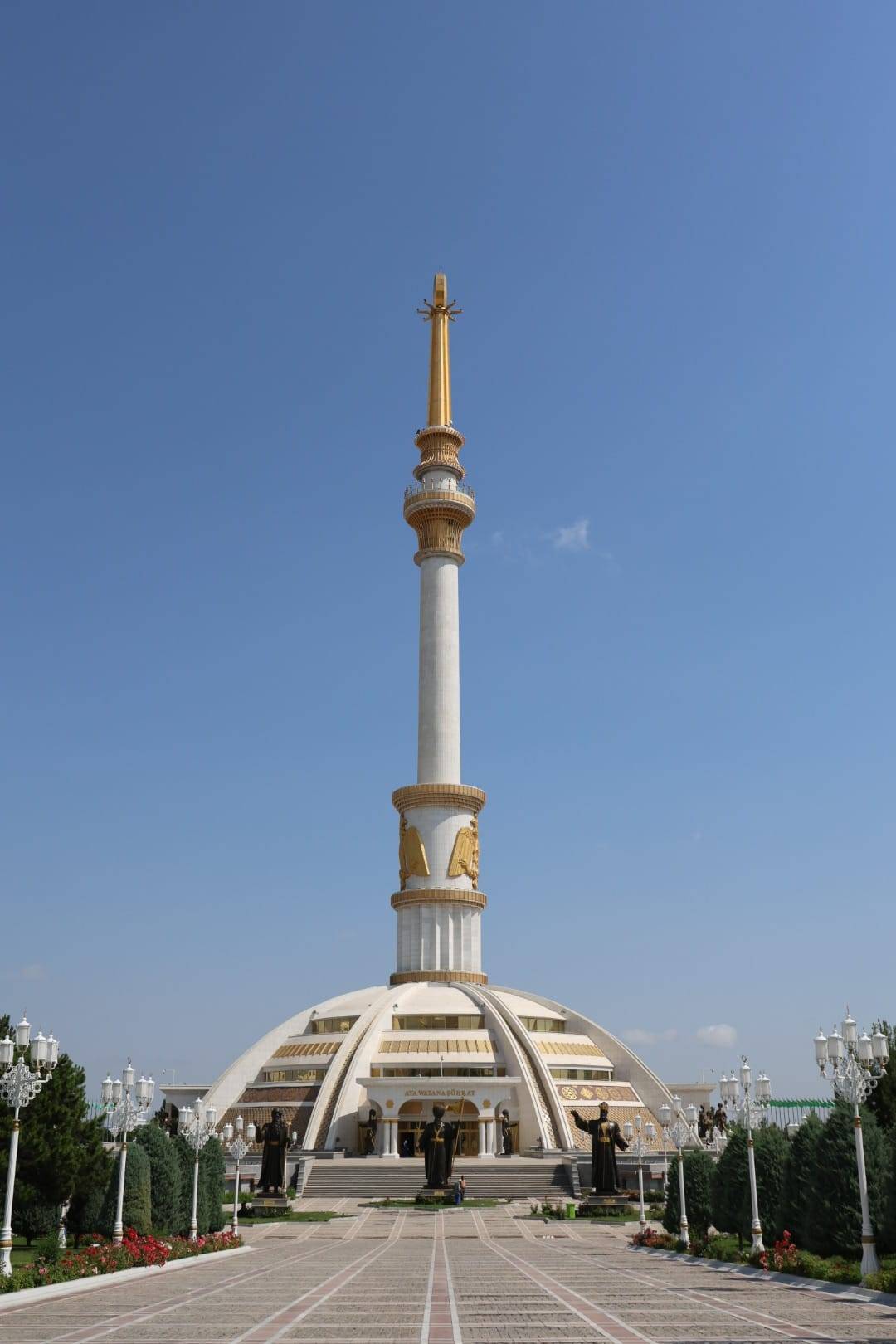 Independence Monument of Turkmenistan with white marble and golden details in Ashgabat