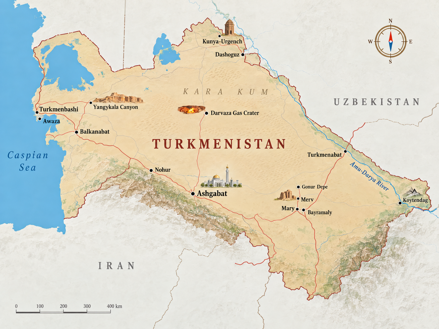 Map of Turkmenistan with major tourist destinations including Ashgabat, Darvaza Gas Crater, Merv, Kunya-Urgench and Yangykala Canyon