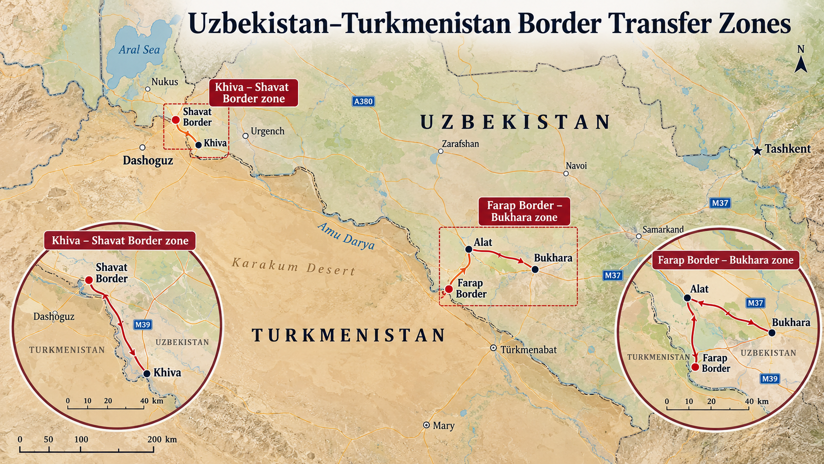 Turkmenistan Tour with Darvaza Tour Map showing the Khiva–Shavat and Farap–Bukhara border transfer zones between Uzbekistan and Turkmenistan.