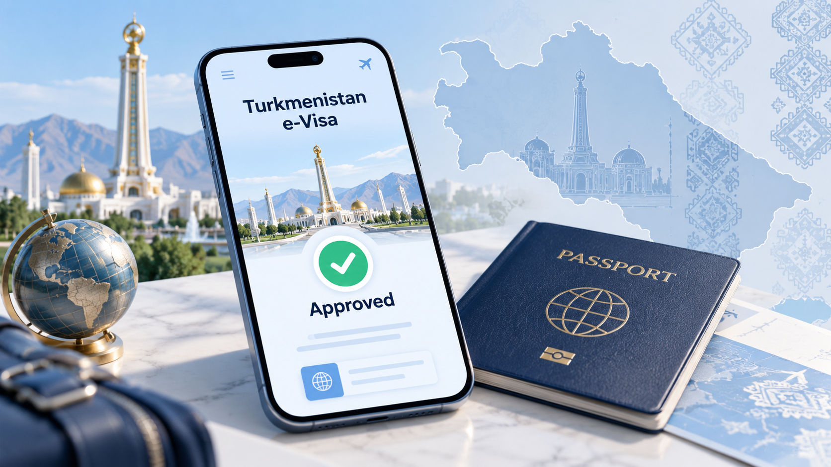 Turkmenistan e-Visa 2026 electronic visa approval with passport and Ashgabat landmarks