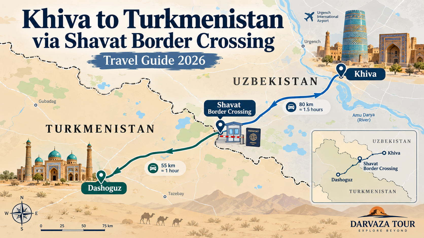 Map showing the route from Khiva to Turkmenistan via the Shavat border crossing.